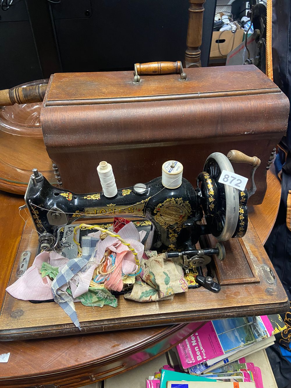 Lot 872: Antique Jones' Hand-Crank Sewing Machine, 'Family C.S. Queen...