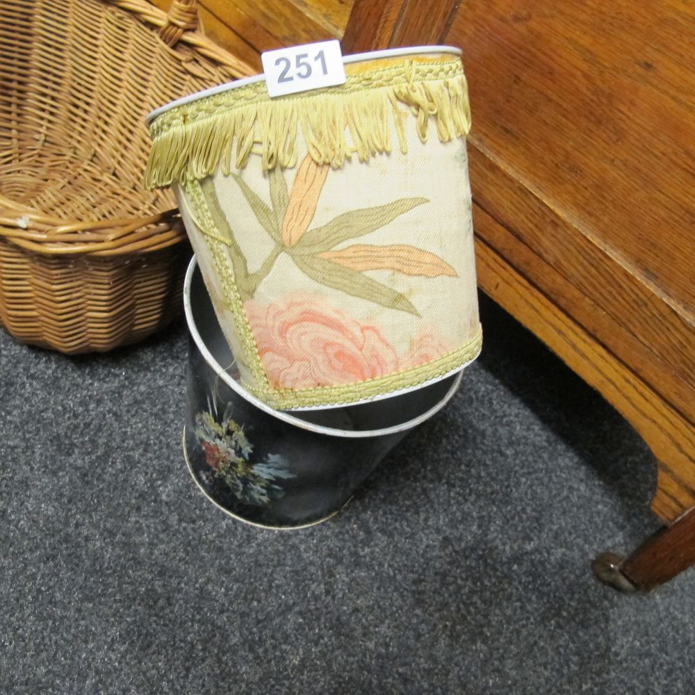 Lot 251: 2 Vintage Fabric-Covered Painted Metal Wastebasket