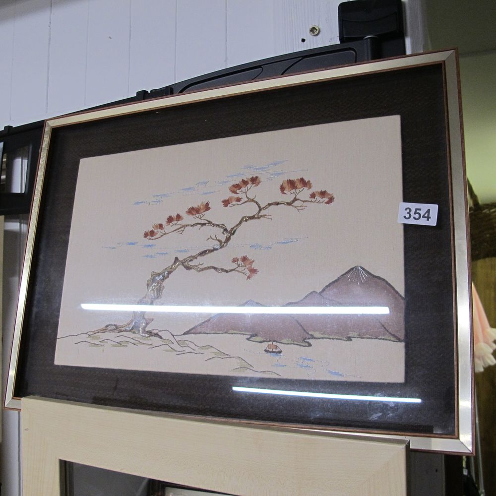 Lot 354: Framed Vintage East Asian Embroidered Landscape with Mount...