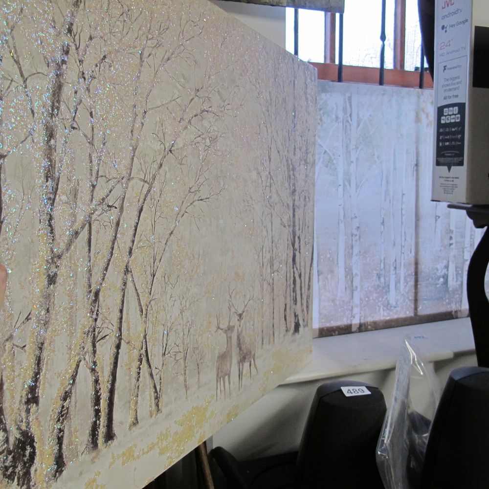 Lot 492: A Large-Format Glitter-Embellished Winter Forest Landscape with Deer