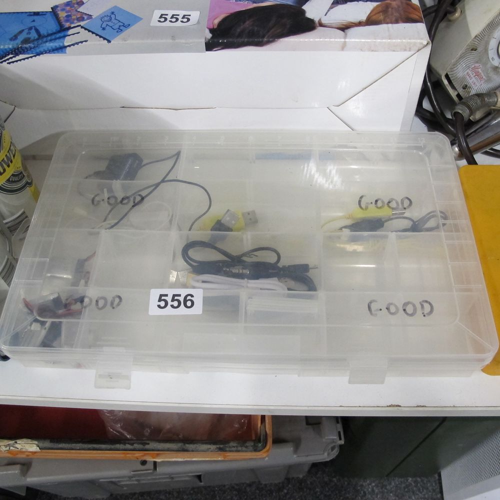 Lot 556: Multi-Compartment Plastic Utility Storage Box with Assorted Electronic...