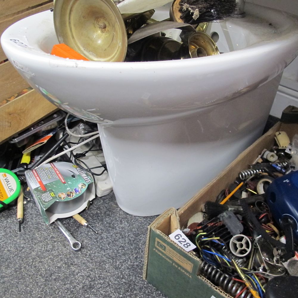 Lot 627: A White Ceramic Pedestal Sink. Brass and copper...