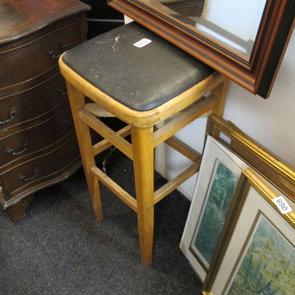 Lot 689: A Mid Century Beech Kitchen Stool with Black...
