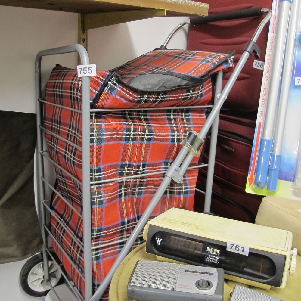 Lot 755: A Modern Folding Shopping Trolley with Tartan Bag,...