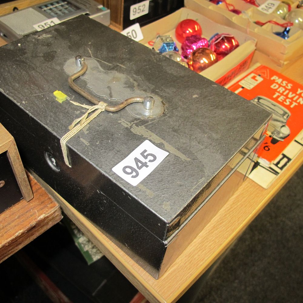 Lot 945: A Vintage Dark Grey Painted Metal Cash Box
