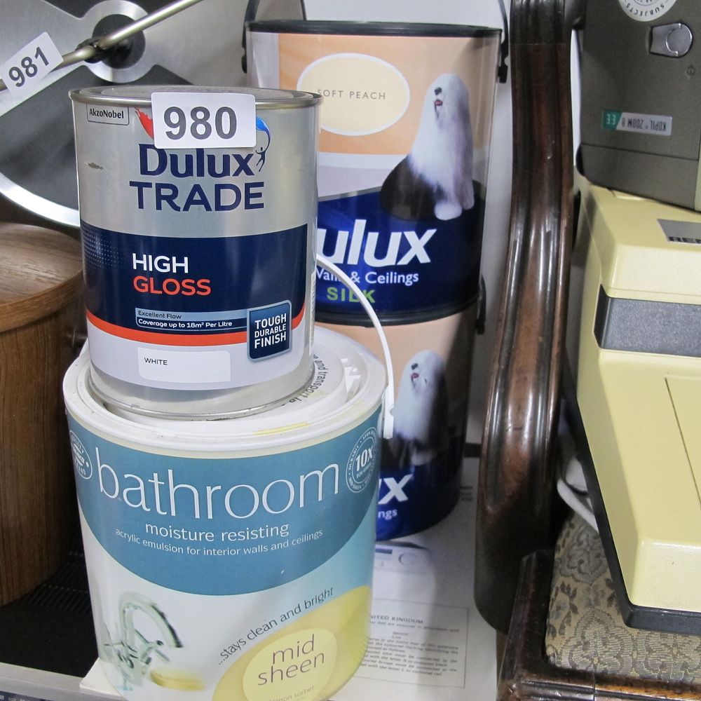 Lot 980: Dulux Trade High Gloss Pure Brilliant White Paint,...