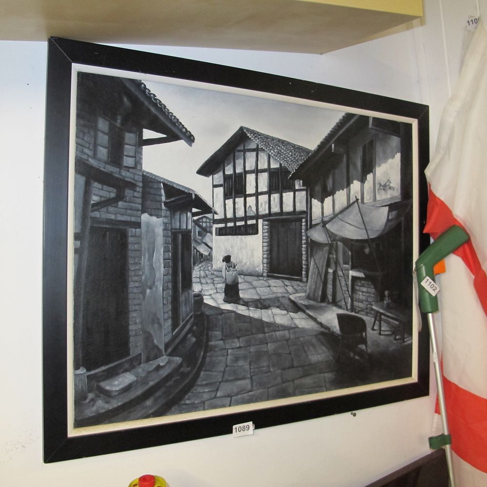 Lot 1089: A Framed Monochrome hand painted oriental village scene...