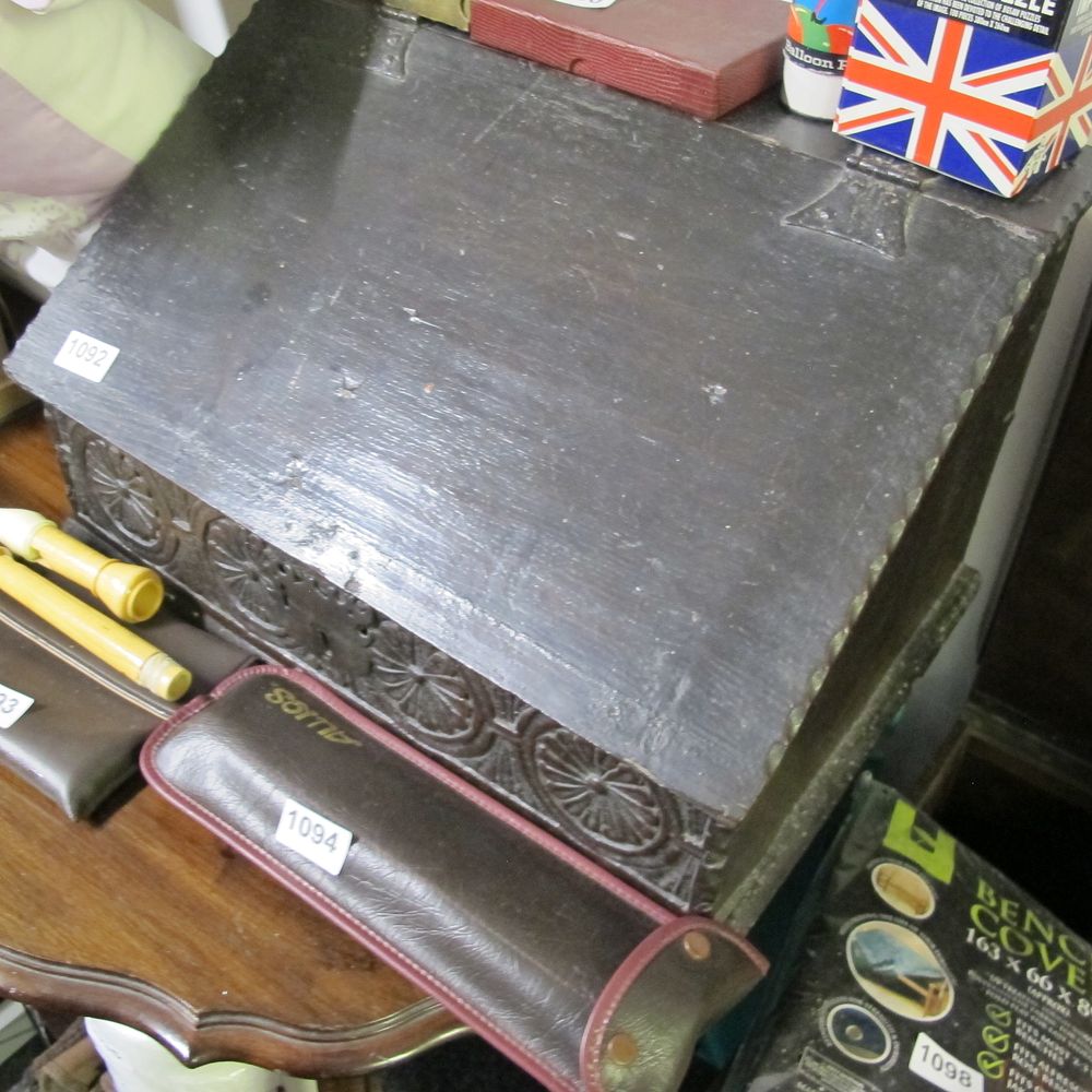 Lot 1092: A 17th Century Carved Oak Bible/Writing Box