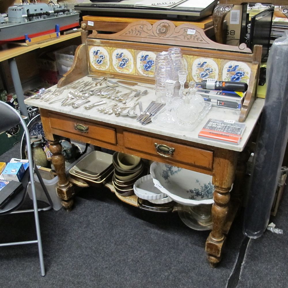 Lot 1143: Antique Victorian Satin Birch Marble-Top Washstand
