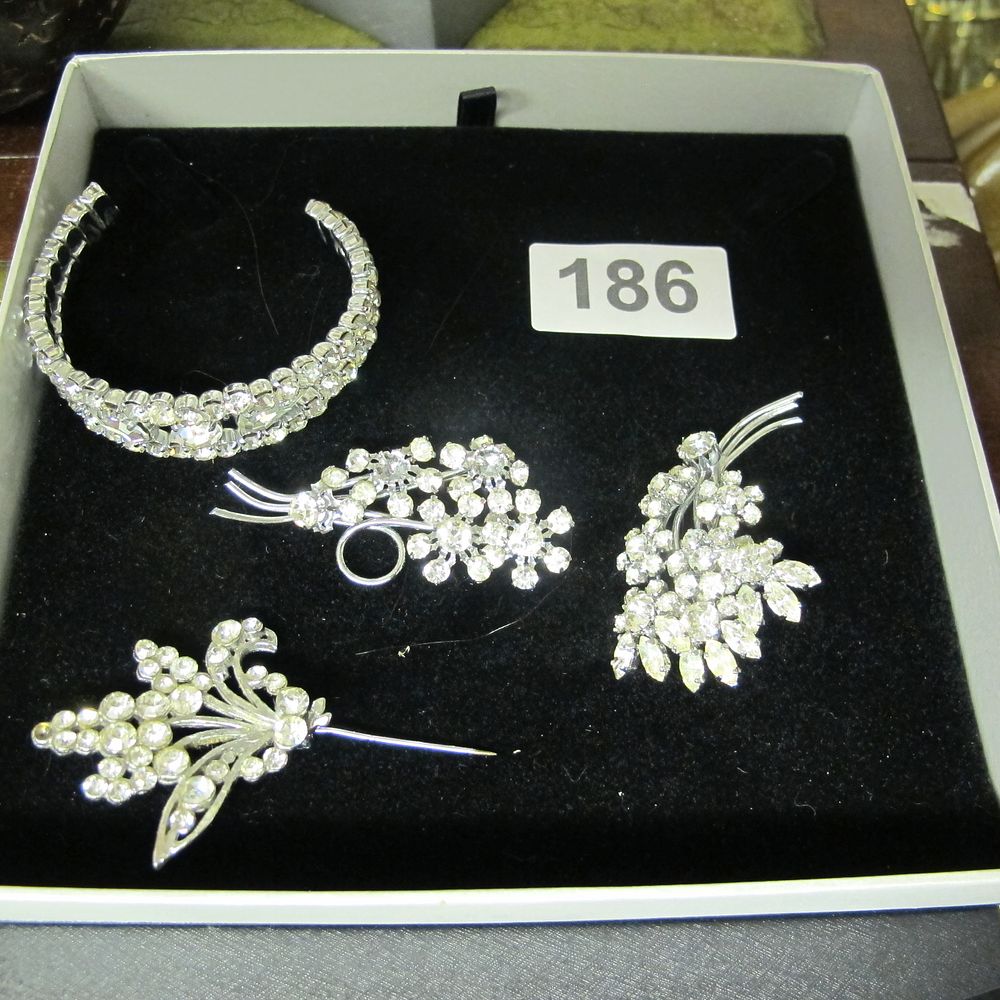 Lot 186: Silver-Tone Floral Spray Rhinestone Costume Jewelry Group