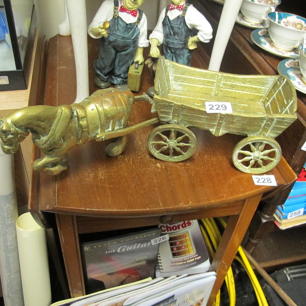 Lot 229: Vintage Cast Brass Draft Horse and Farm Wagon,...