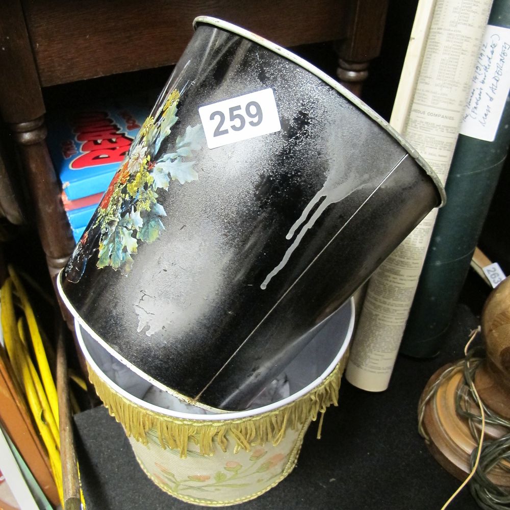 Lot 259: Mid-Century Modern Floral Toleware Metal Bin and Fringed...