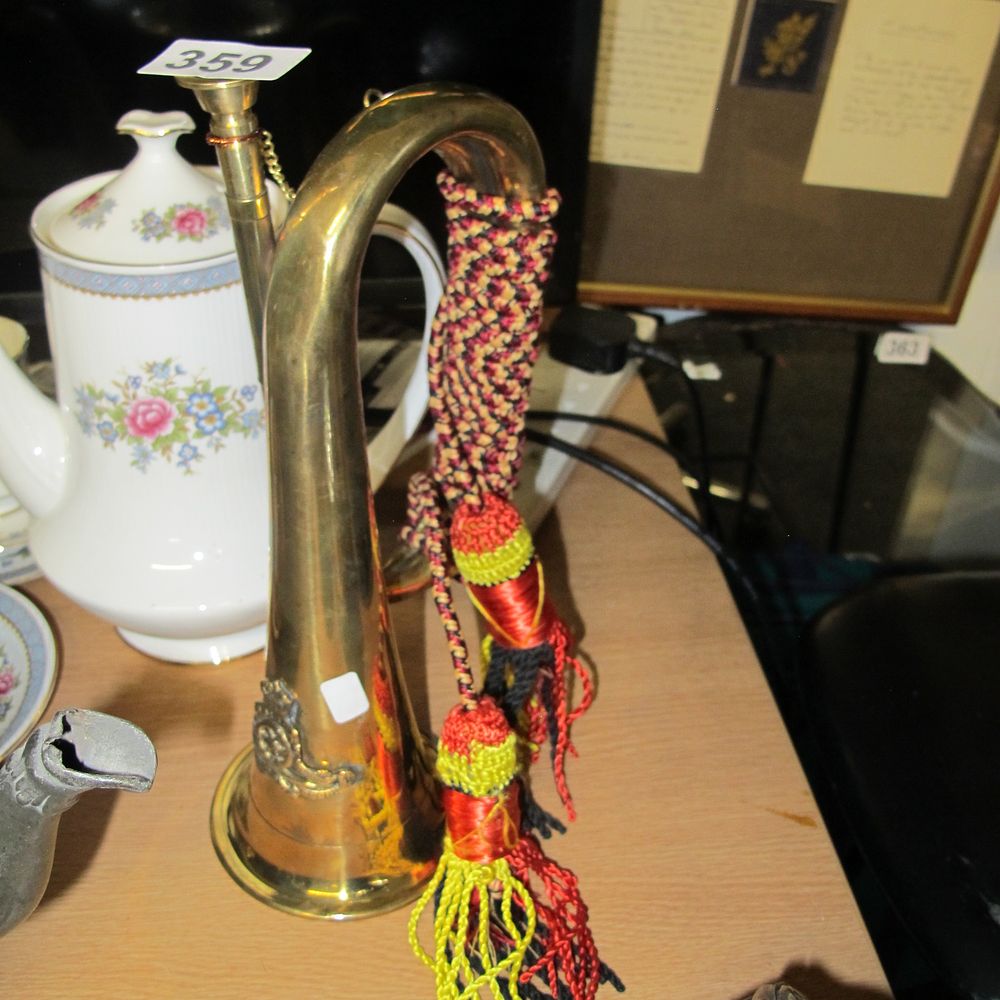 Lot 359: Unmarked Brass Military Style Bugle with Decorative Relief...