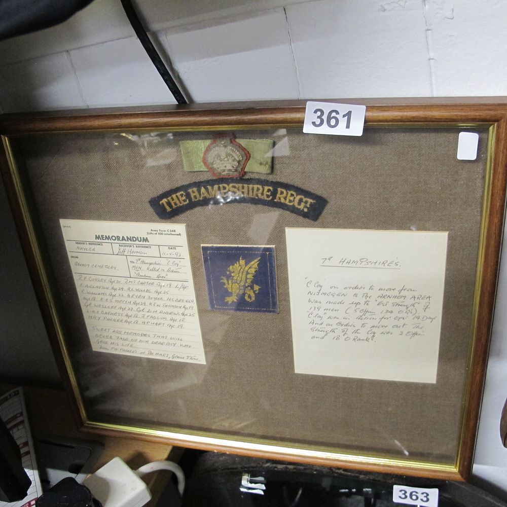 Lot 361: United Kingdom, WWII Hampshire Regiment Commemorative Insignia Display...
