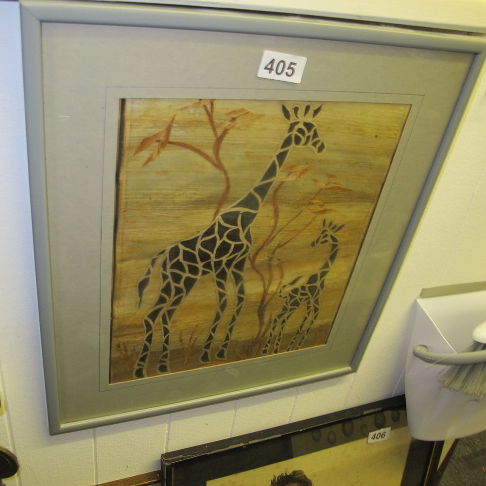 Lot 405: Unknown Artist, 'Giraffe Mother and Calf', Banana Leaf...