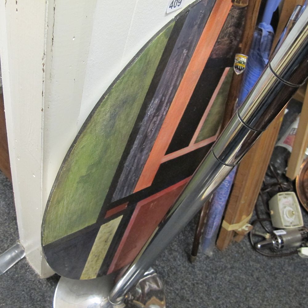 Lot 409: Modernist Hand-Painted Geometric Decorative Panel on Chrome Stand