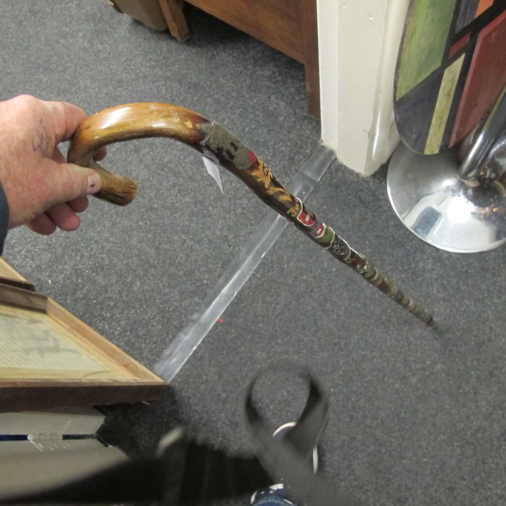 Lot 410: Polished Wood Handle, European Souvenir Hiking Cane, Mid-20th...