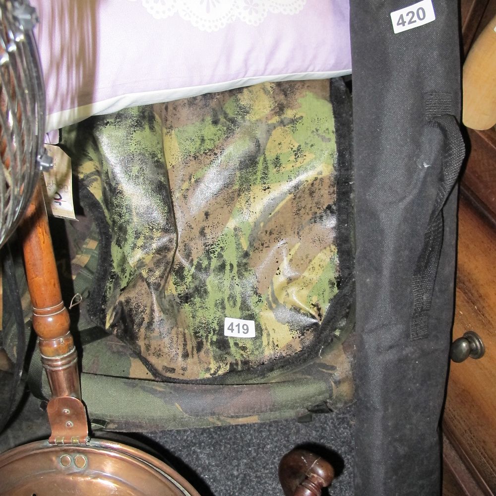 Lot 419: Traditional Copper Bed Warmer and Assorted Household Textiles...
