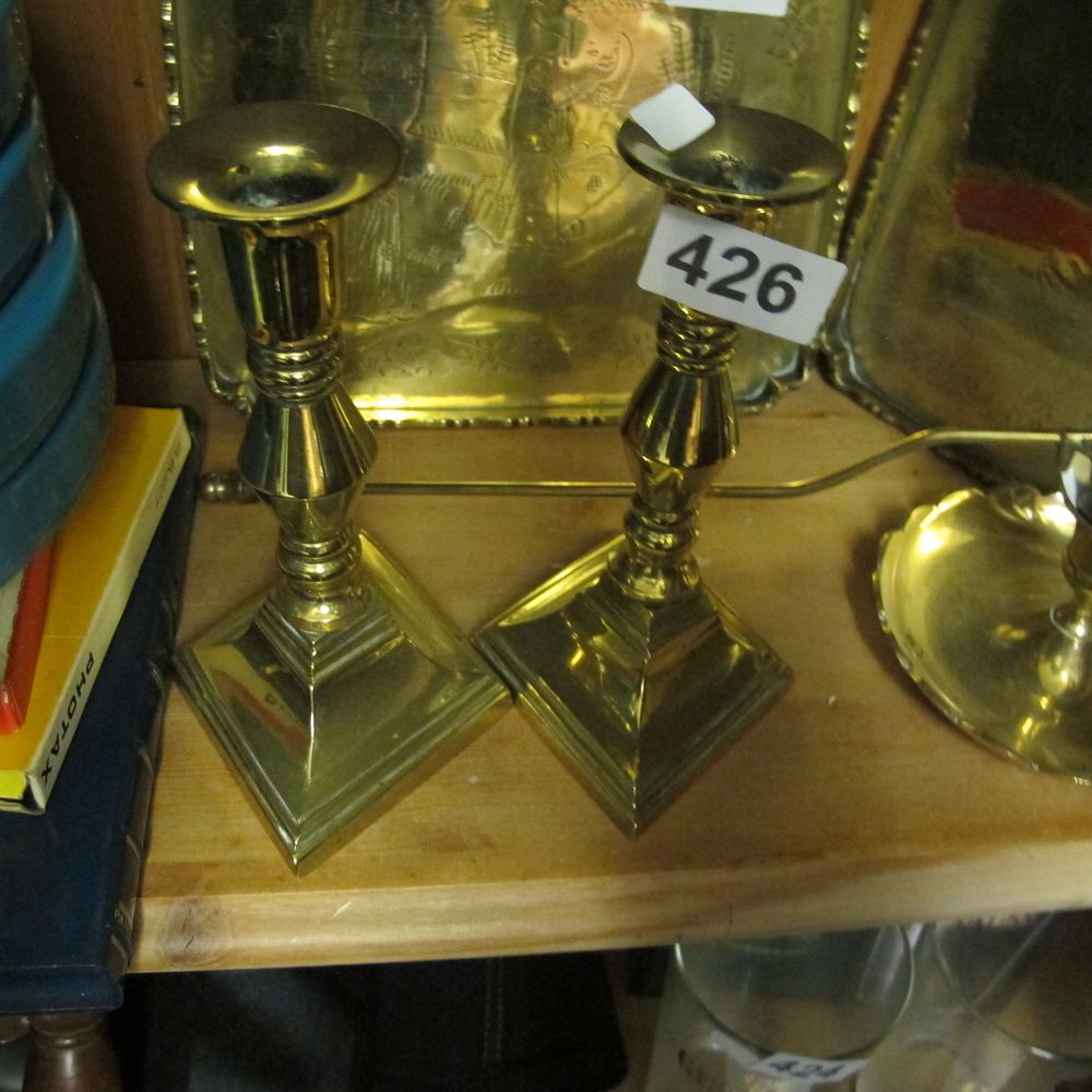 Lot 426: Unmarked, Pair of Georgian Style Brass Candlesticks, Baluster...