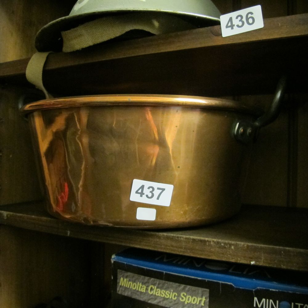 Lot 437: Antique Large Copper Preserving Pan with Dual Riveted...