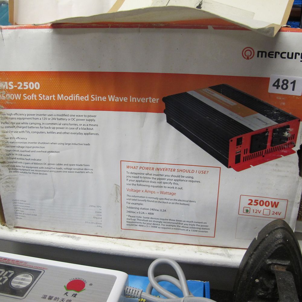 Lot 481: Mercury MS-2500 2500W 12V Soft Start Modified Sine...