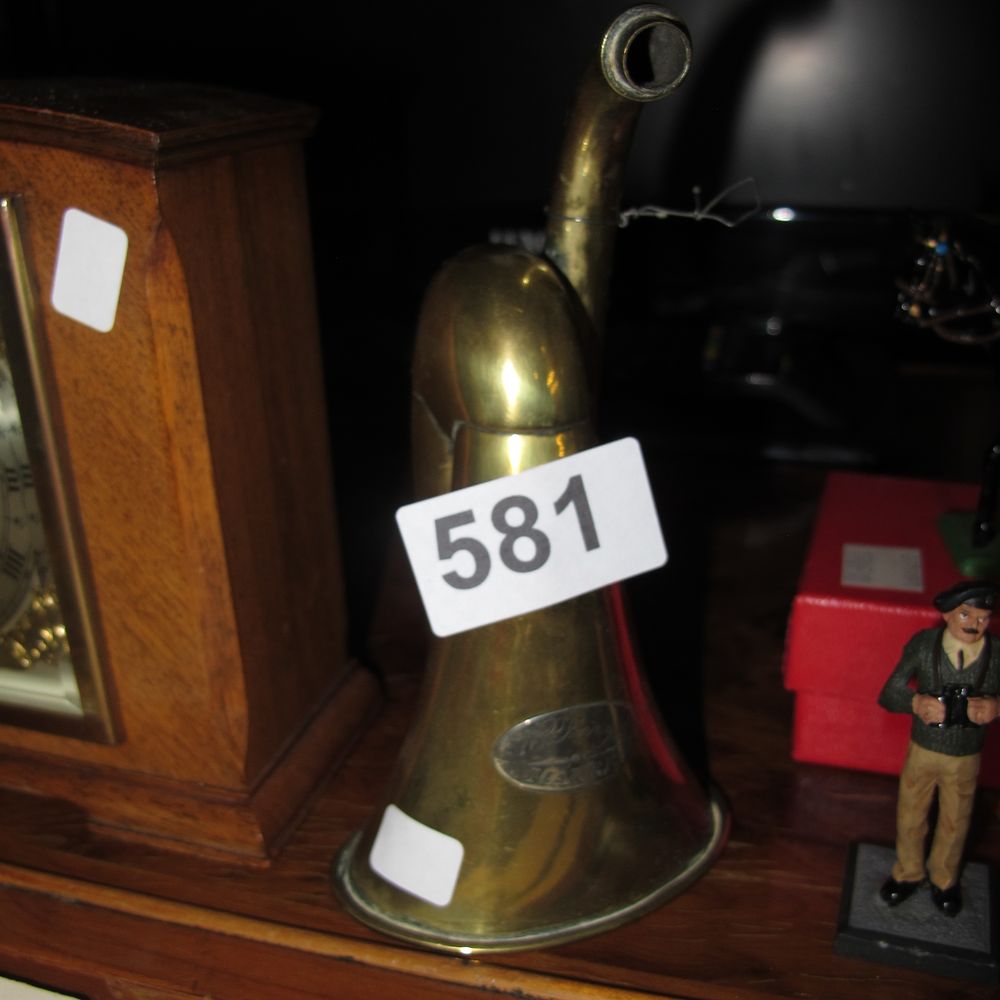 Lot 581: Vintage Brass Curved Signal Horn with Oval Maker's...