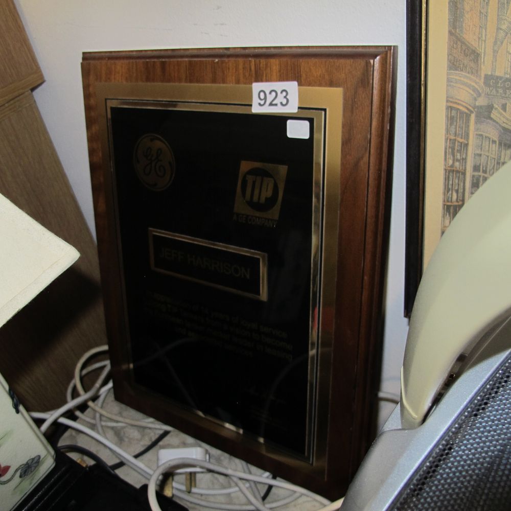 Lot 923: General Electric Wood and Black Commemorative Service Plaque