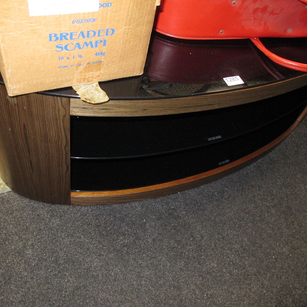 Lot 1285: Curved TV Stand with Black Tempered Glass Shelves