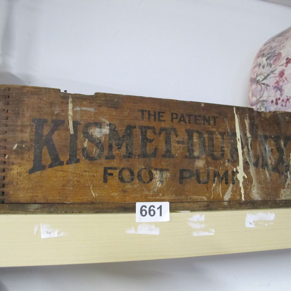 Lot 661: A Vintage Kismet-Duplex Foot Pump Wooden Box Panel