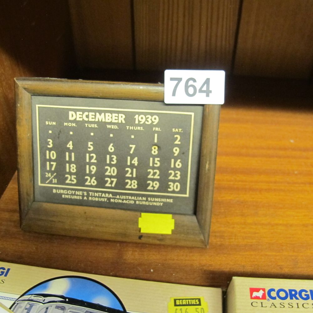 Lot 764: A Framed Burgoyne's Tintara Advertising Desktop Calendar, December...