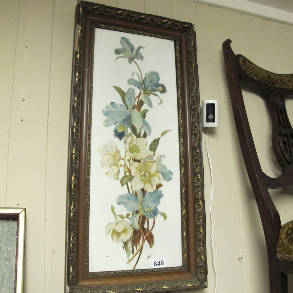 Lot 848: Framed Floral oil on ceramic Signed Arthur