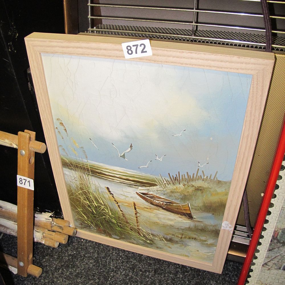 Lot 872: Mid-Century Coastal Landscape Oil Painting with Rowboat and...