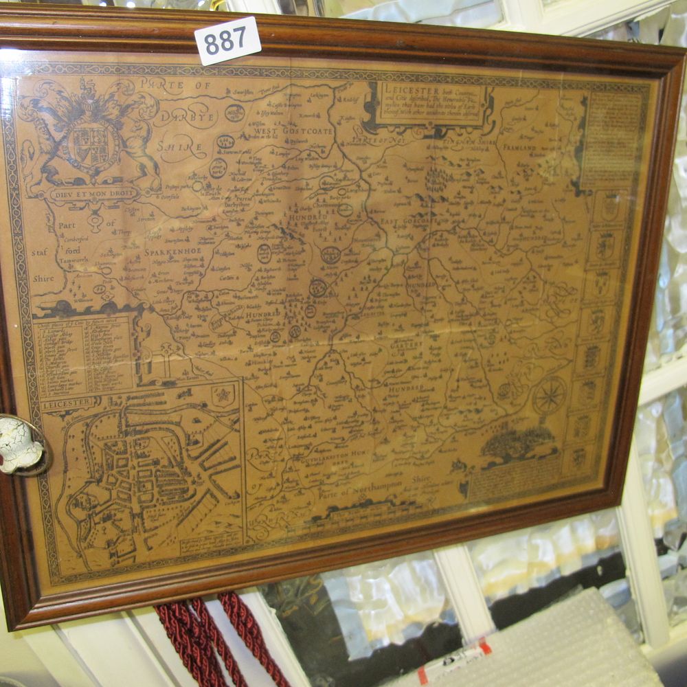 Lot 887: A Framed Reproduction Map of Leicestershire After John...