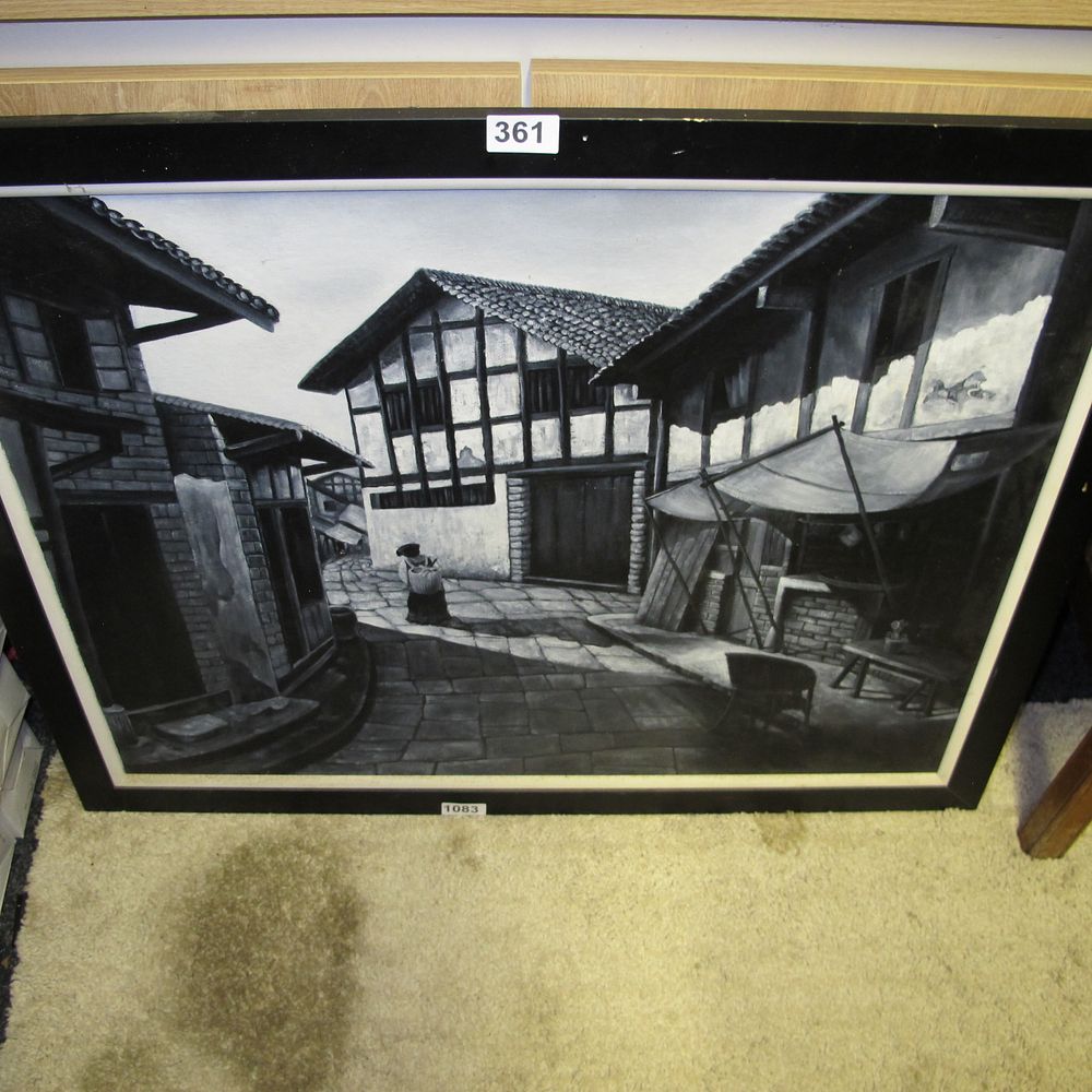 Lot 361: European School, 20th Century, Grisaille Village Street Scene,...