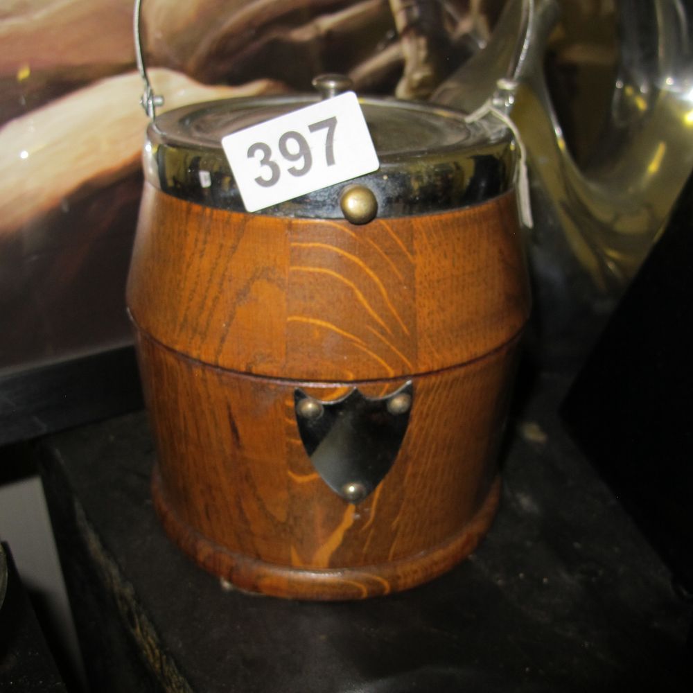Lot 397: A Victorian Style Oak and Silver-plated Biscuit Barrel