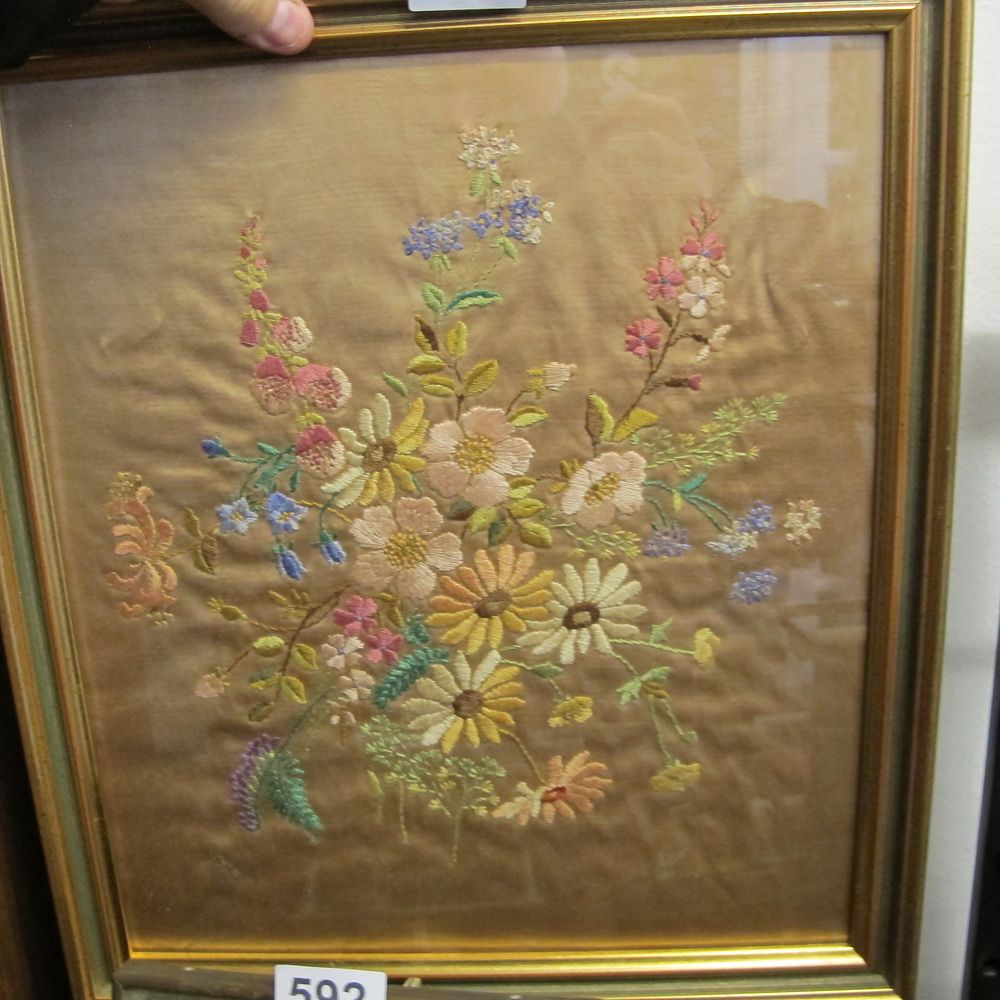 Lot 591: A Framed Mid-20th Century Floral Embroidery