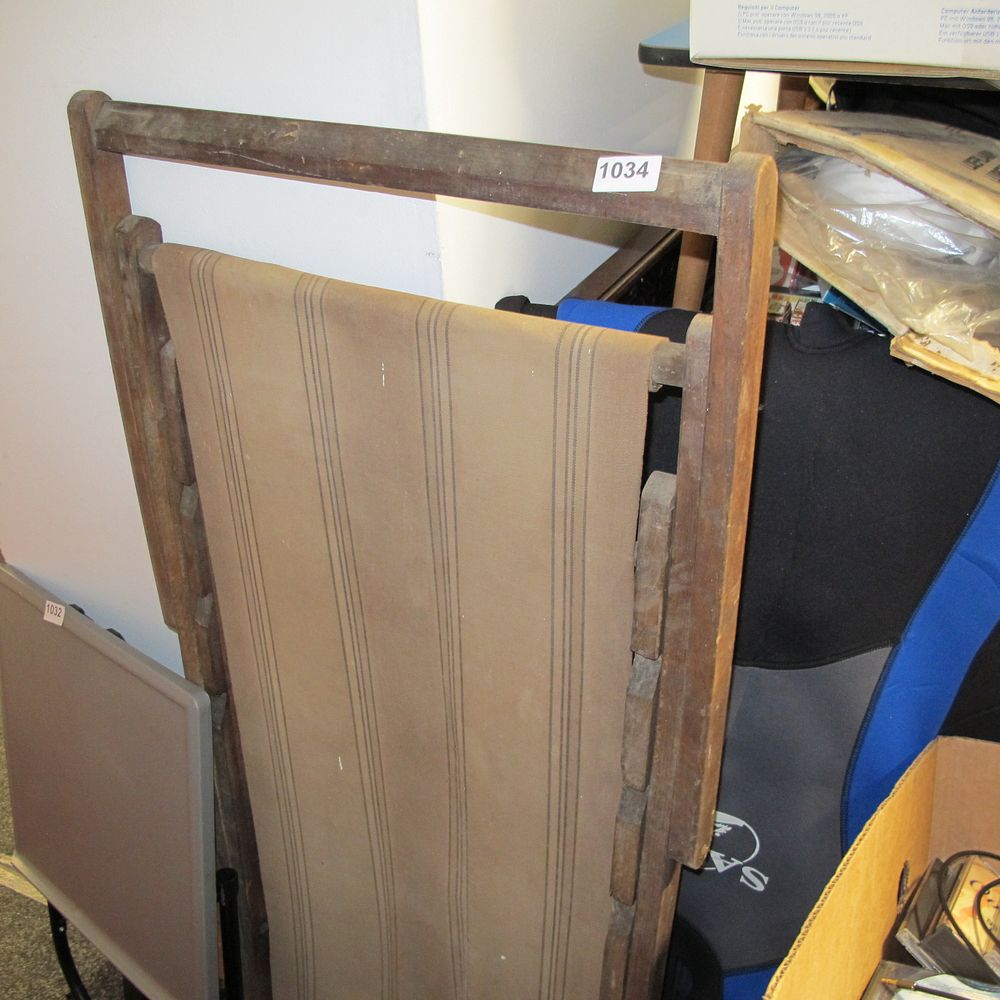 Lot 1034: Vintage Hardwood Folding Deck Chair with Striped Canvas...