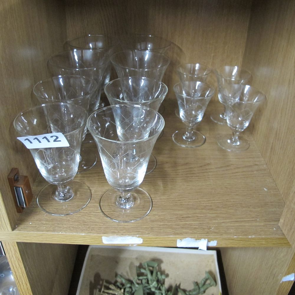 Lot 1112: A Suite of Eleven Etched Glass Drinking Vessels
