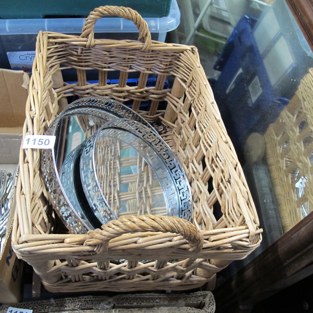 Lot 1150: A Rectangular Wicker Basket and Two Silver-Plated Gallery...