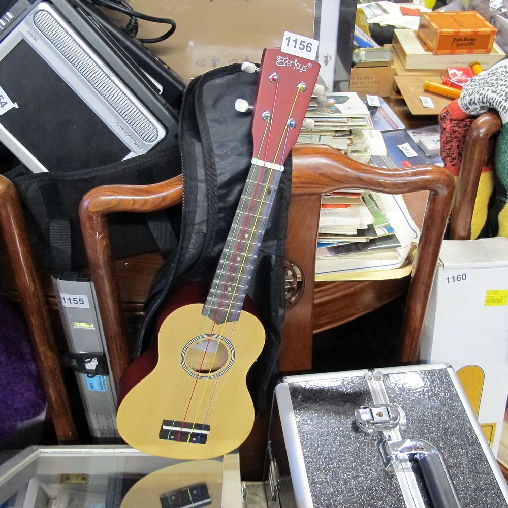 Lot 1156: Everjoys Soprano Ukulele with Multi-Coloured Strings and Gig...