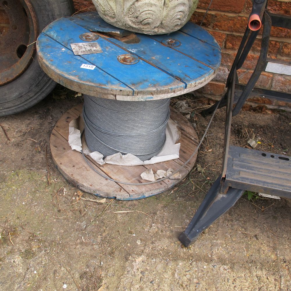 Lot 1318: Industrial Wooden Cable Reel with Stranded Steel Wire...