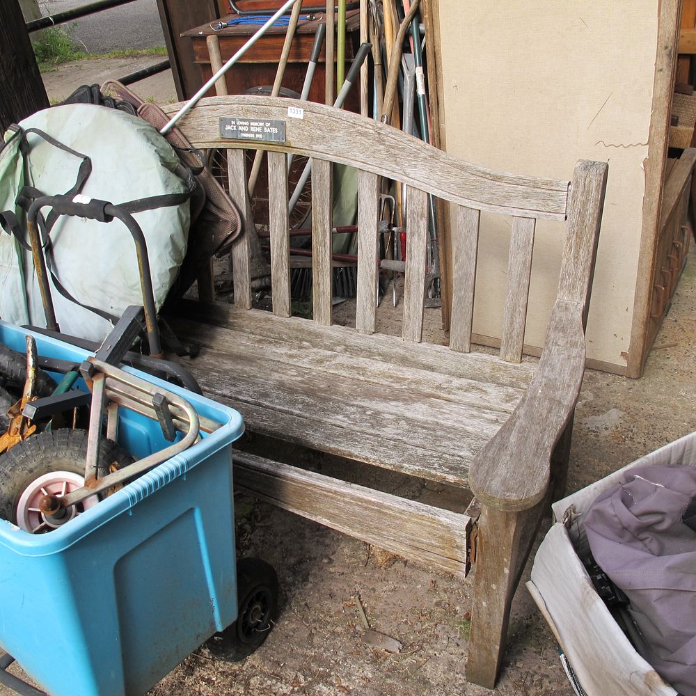 Lot 1331: A Weathered Hardwood Memorial Garden Bench