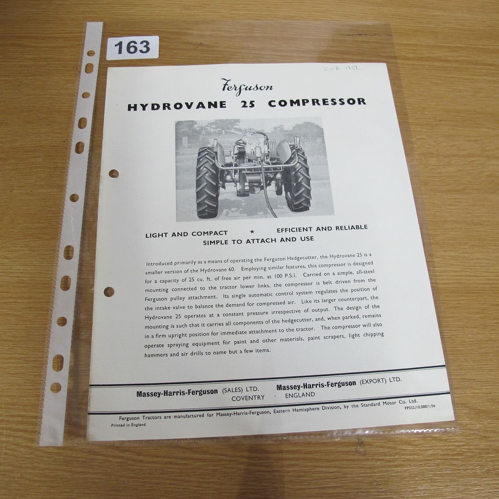 Lot 163: An original Ferguson Hydrovane 25 Compressor promotional leaflet,...
