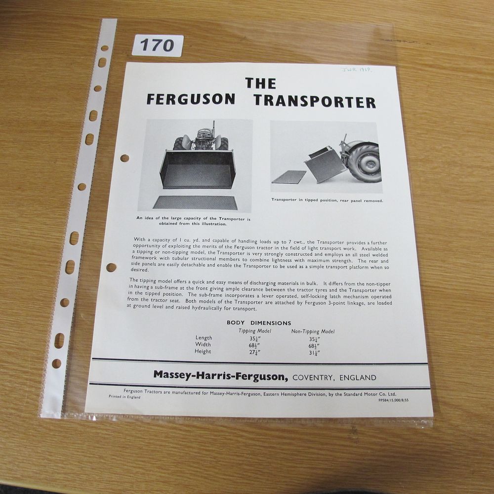 Lot 170: A Vintage Massey-Harris-Ferguson Transporter Sales and Technical Specification...