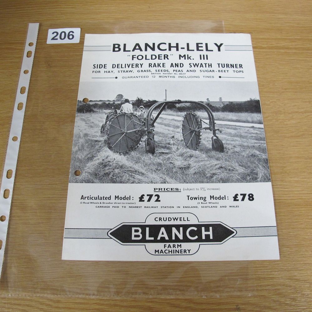 Lot 206: Blanch-Lely Folder Mk. III Side Delivery Rake and...