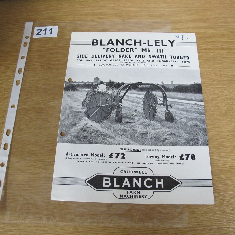 Lot 211: Blanch-Lely Folder Mk. III Side Delivery Rake and...