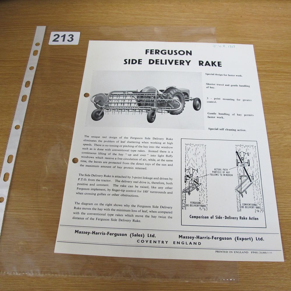Lot 213: A 1955 Ferguson Side Delivery Rake Promotional Specification...