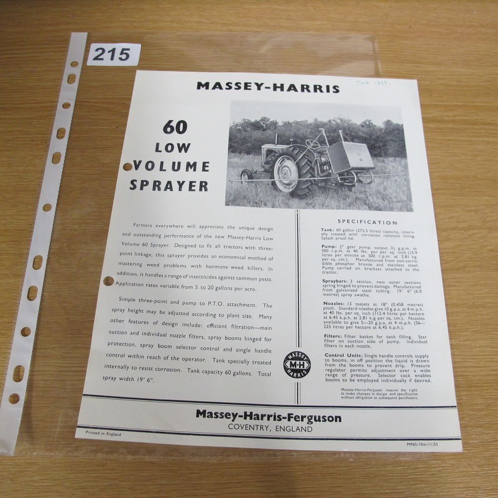 Lot 215: Massey-Harris 60 Low Volume Sprayer Sales Brochure, Coventry,...