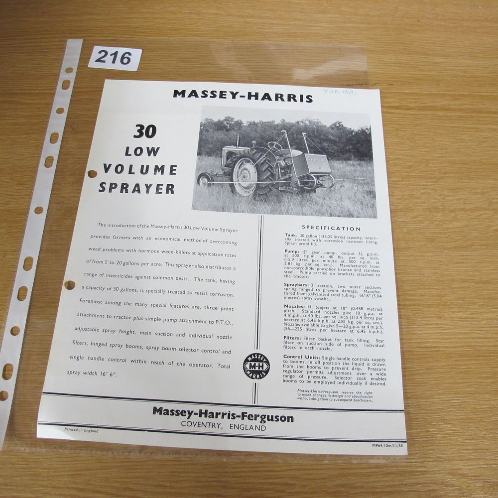 Lot 216: Massey-Harris 30 Low Volume Sprayer Specification Sheet