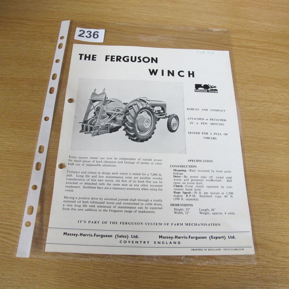 Lot 236: A Massey-Harris-Ferguson The Ferguson Winch Sales Brochure, October...